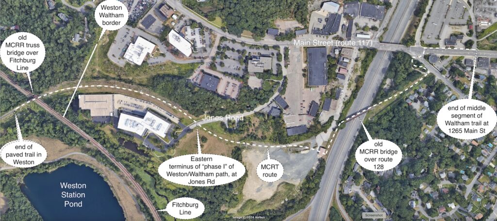 Map of segment 3 of Waltham MCRT. Phase I of segment 3 extends from the current eastern trail terminus in Weston, just west of the trestle bridge over the Fitchburg Line tracks, to Jones Road in Waltham.